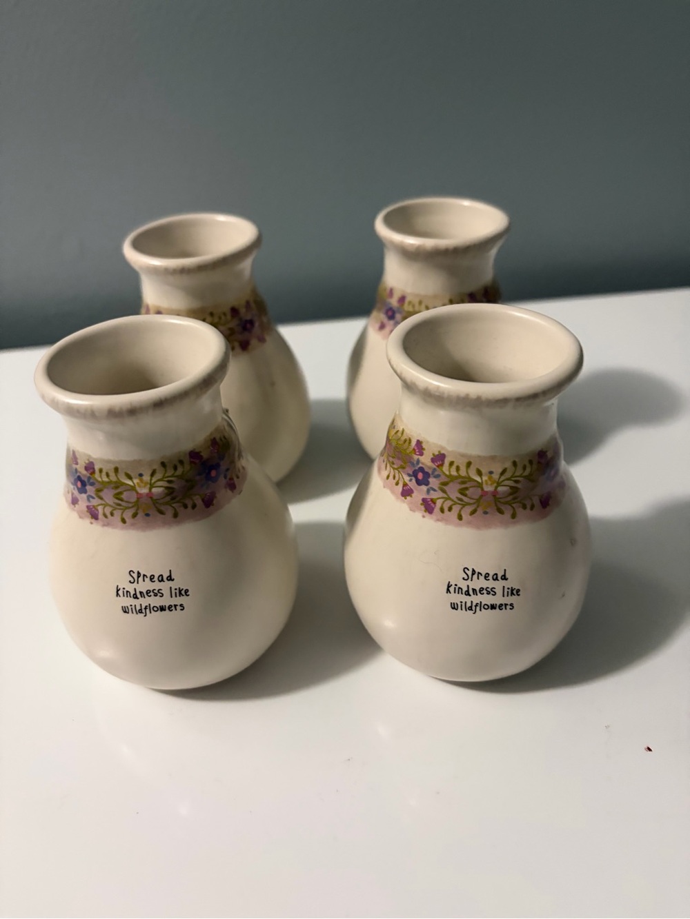 NWT - set of 4 NATURAL LIFE Cream Ceramic Vase with Purple & Green Floral Accent